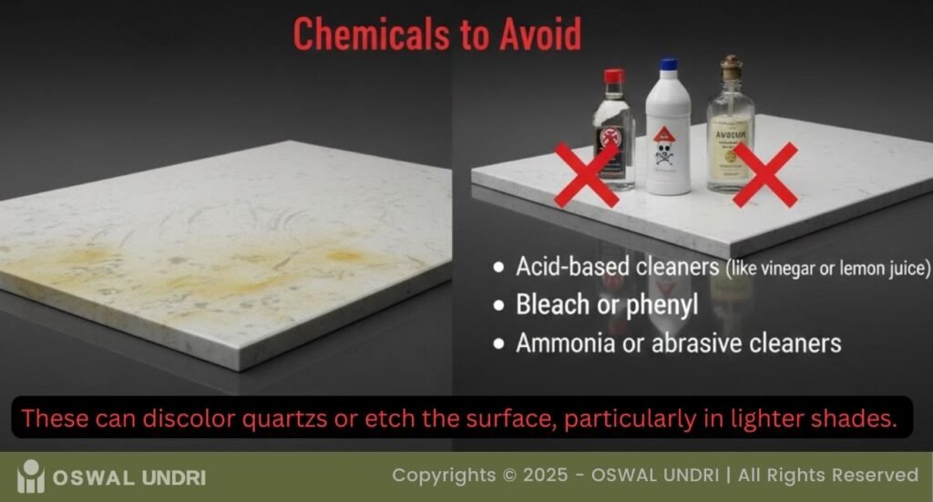 Quartz Slabs Cleaning Chemicals to avoid
