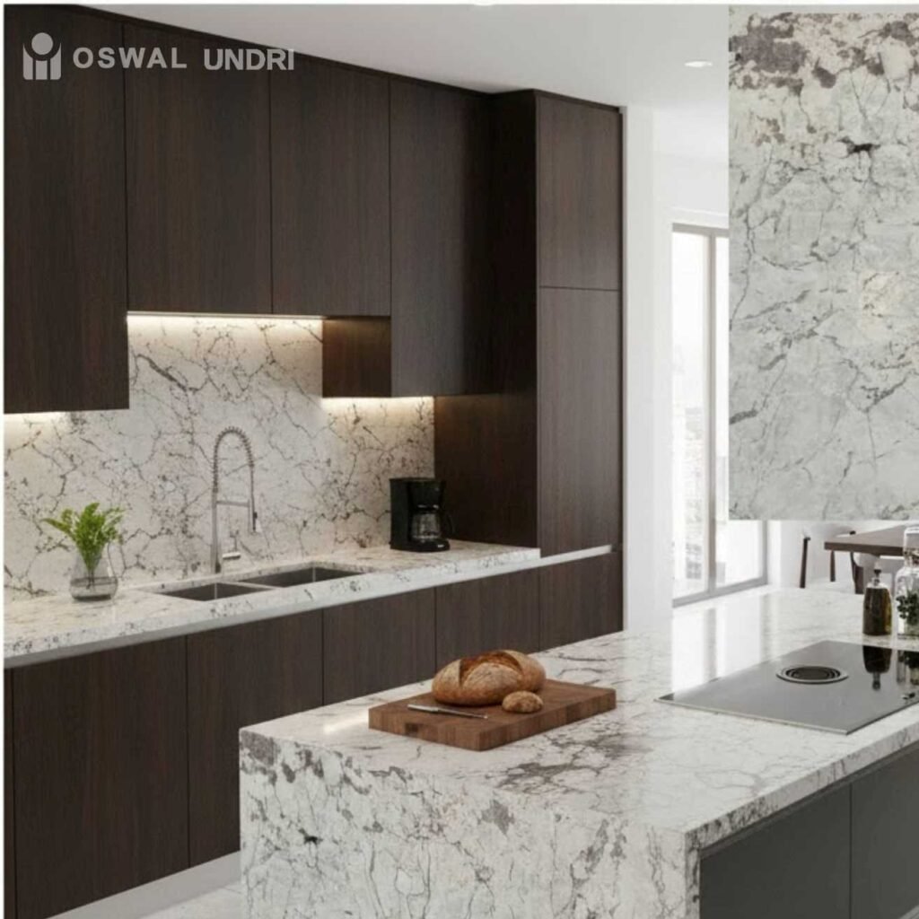 Alaska White Kitchen Countertop Backsplash